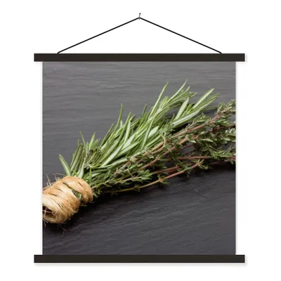 Produktbild von MuchoWow® Textilposter Thymian - Kräuter - Grün - Tisch - Küche - Stein 90x90 cm mit schwarzem Rahmen - Magnetisches