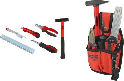 A collection of tools laid out on a white background, with a tool belt filled with tools on the right.