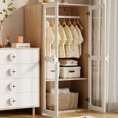 Produktbild von STILVORA Kleiderschrank mit Kleiderstange,Garderobe mit Glastüren&verschiebbaren Regalen,Aufwahrungschrank aus MDF,Holzfarbe