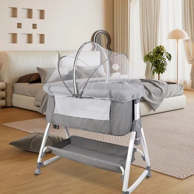 Produktbild von 2 in 1 Beistellbett Babywiege Reisebett,Babybetten ab Geburt bis 25 kg, 6-stufig Höhenverstellbares Babybett, neigbar, Kinderbett inkl. Matratze Grau