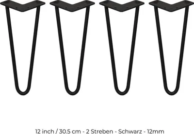 Image de SKISKI Pieds 4 x 2 montants Pieds en épingle à cheveux Pieds de table Pieds de chaise Pieds de meubles Pieds de meuble Pieds de table en épingle à cheveux 30,5 cm H 12 mm D Acier thermolaqué - Noir