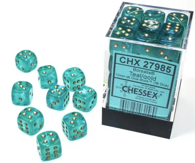 Produktbild von Chessex Borealis D6 12mm Blaugrün/Gold leuchtendes Würfelset (36 Stück)