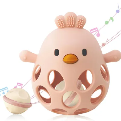 Produktbild von Silikon Babyrassel Hühnchen Beißring Rosa | Sensorisches Motorik Spielzeug
