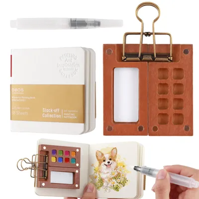Mini-Aquarellset mit 8er-Palette, Skizzenbuch & Wasserpinsel