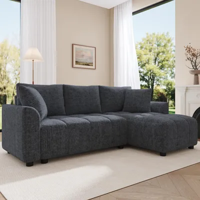 Produktbild von MODFU 3-Sitzer Sofa,Modulares Sofa Chenille Stoff,Sitzgruppe,wandelbares L-förmiges Ecksofa mit 2 Zierkissen,Schlafsofa,Grau