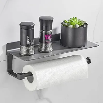 Productafbeelding van PromoHome® Zelfklevende toiletrolhouder zonder boren – Wandmontage toiletrolhouder, zwart, metaal, 33x11x7 cm