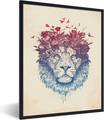 Produktbild von MuchoWow® Gerahmtes Poster Löwe - Blumen - Vögel - Natur 60x80 cm - Poster mit Schwarzem Bilderrahmen Wandposter Rahmen Foto Bilder - Premium - Wanddeko Wohnzimmer