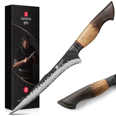 Damast-Filetiermesser 19 cm, 67 Lagen, Fischmesser, Eichenholzgriff