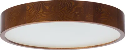 A round ceiling lamp with a dark brown wood-grain textured rim and a white diffuser.