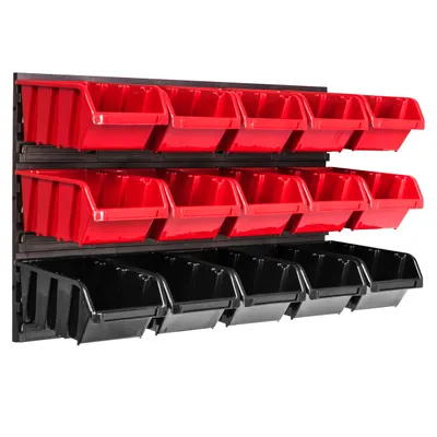 Image de Panneau à outils mural 57,6 x 39 cm avec 15 pcs. Boîtes suspendues rouges et noires Boîtes empilables