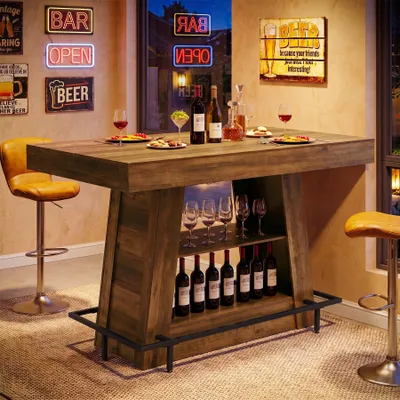 Produktbild von Tribesigns 120 cm langer Bartisch, Bistrotisch mit 3 offenen Ablagefächern, Cocktailtisch Industriestil mit Metallfußstütze Küche und Esszimmer, Braun