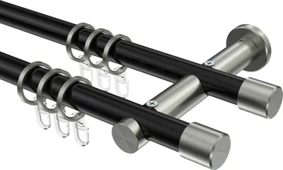Produktbild von Interdeco Gardinenstange / Vorhangstange Schwarz / Edelstahl-Optik, Typ Platon Santo (Kappe), 20 mm Ø 2-läufig, 600 cm