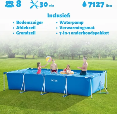 Produktbild von Intex-Schwimmbecken mit rechteckigem Rahmen – 450 x 220 x 84 cm – Blau – im Lieferumfang enthalten Abdeckung - Bodenplane - Filterpumpe für Schwimmbad - Solarmatte - Wartungspaket - Reinigungskit