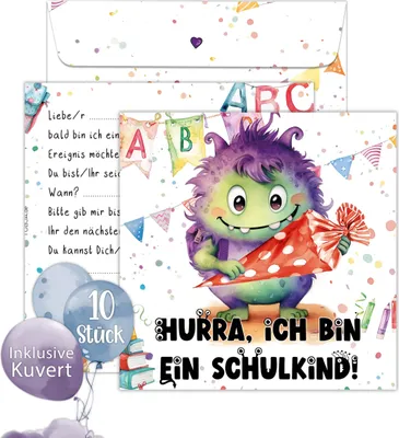 Produktbild von 10er Set Einschulung Einladungskarten – Inklusive bedruckte Umschläge – Süßes Monster Design – Einladung Einschulung Junge und Mädchen