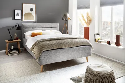 Produktbild von Meise Möbel Stauraumbett Lotte 140x200 cm | Bettkasten & Lattenrost | Webstoff Grau | Holzfuß eichefarbig