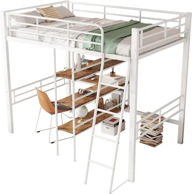 Produktbild von Hochbett(Weiß)Hausbett mit Schreibtisch, Mehrere Regale, Geländer, Leiter, Eisenrahmen