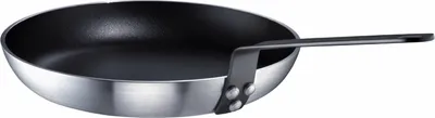 A black and silver frying pan on a white background.
