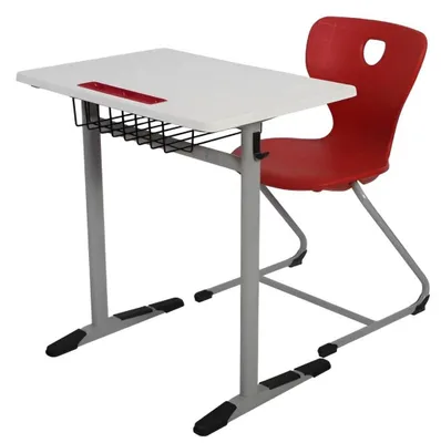 Zdjęcie produktu dla Zestaw szkolny nowoczesny, ergonomiczny, brązowy: biurko szkolne, czerwone krzesło, biurko pojedyncze