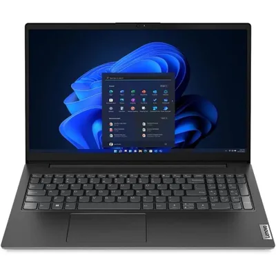 A black Lenovo laptop is shown from the front, open with the screen displaying the Windows 11 interface.