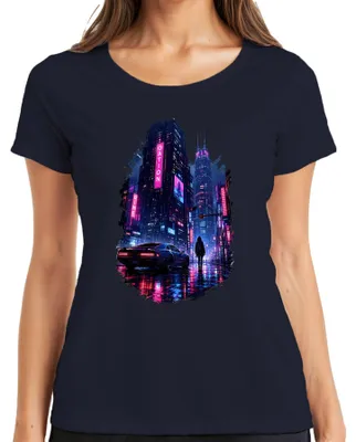 Produktbild von Cyberpunk City Future Neon Auto Regen Nacht Japan Y2K Synthwave Damen T-Shirt, Navy, S