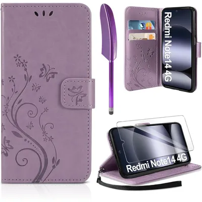 Productafbeelding van Flipphoes met beschermfolie voor de Xiaomi Redmi Note 14 4G, paars, met lederlook
