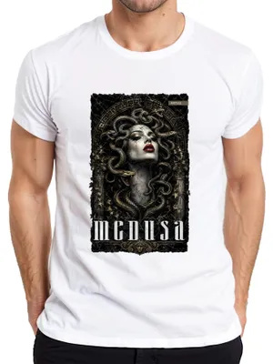 Immagine prodotto di Maglia da uomo, colore bianco, taglia S, con immagine di Medusa (mitologia greca), gorgone con serpenti