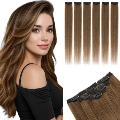 Image de Extensions à clipser, cheveux naturels, 6 pièces, 30 cm, couleur chocolat, poids total 33g
