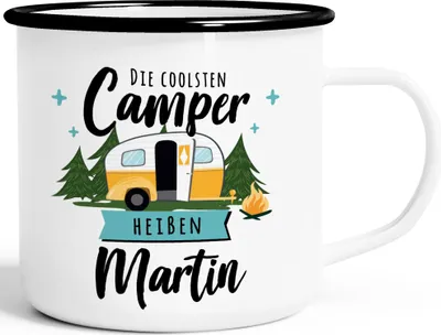 Produktbild von Emaille-Tasse Camping Wohnmobil personalisiert mit Namen persönliche Geschenke für Camper SpecialMe® weiß-schwarz Emailletasse