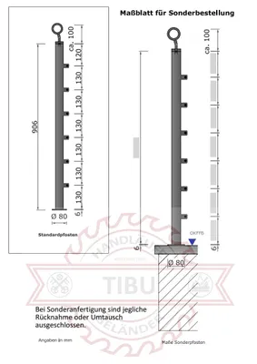 Produktbild von TIBU Edelstahlgeländer Aufmontage für Balkon Terrasse Treppe mit waagerechten Streben-Variante: mit 6 Streben-Länge:einzelner Pfosten