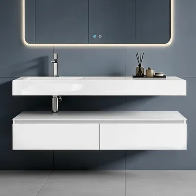 Image de doporro Meuble de Salle de Bain Blanc Mat Ensemble de 3 Pièces Meuble avec Lavabo 150cm et LED Miroir Design Up avec 2 Grands Tiroirs