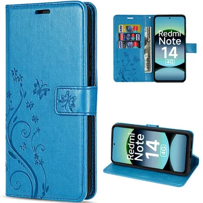 Image de Coque pour Xiaomi Redmi Note 14 4G, Protection Rabat Antichoc Synthécuir Bleu Motif Papillon Fleur