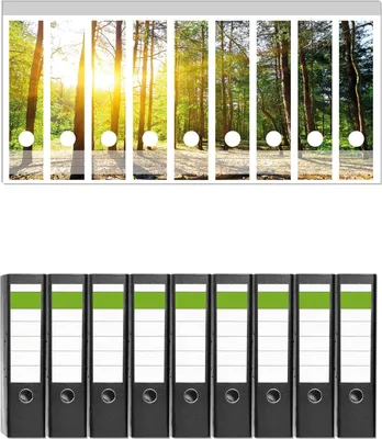 Produktbild von Wallario 9 Stück breite Ordner inkl. Klebeetiketten mit Motive Sonnenstrahlen tief hinter dem Wald -  Set mit Rückenschildern / Ordnerrücken Stickern
