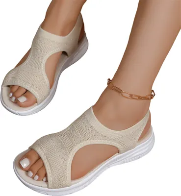 Produktbild von ASKSA Damen Sandalen Sommer Mesh Orthopaedische Schuhe Bequeme Slingback Muffin Weiche Sohle Sommerschuhe Sandalen Damen Sommer Bequem Elegante Plateau Sandalen, Gebrochenes Weiss, Groesse: 39