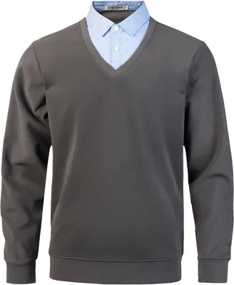 Produktbild von Herren-Strickpullover 2in1 mit Hemdkragen-Einsatz V-Ausschnitt bequem Grau M