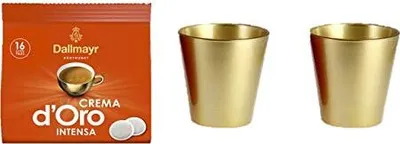 Produktbild von Tassen-Set + Dallmayr Crema d'Oro intensa Pads+ + 2 Kaffeebecher gold cc 250