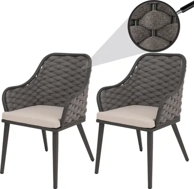 Image de set de 2 chaises de jardin en aluminium HWC-O16, chaise d'extérieur, olefin (200 g/m²) corde tressée Rope ~ anthracite Coussin taupe
