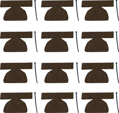 A set of 12 brown floor protectors for a beer garden table set, each with a cable tie.