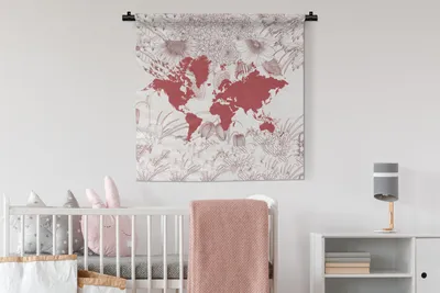 Produktbild von MuchoWow® Wandteppich Wandbehang Weltkarte - Blume - Rosa 90x90 cm Tapisserie Dekoration Wandtuch - Wandaufhänger