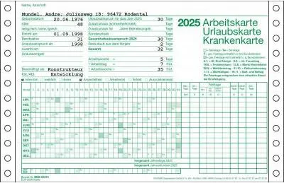 Produktbild von EDV-Arbeits-, Urlaubs-, Krankenkarte für die Beschriftung durch Drucker, auf Endlospapier, mit Perforationslinien, Endformat DIN A5, Bedruckt, Verpackungseinheit: 100 STK