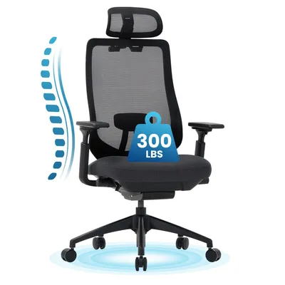 A black ergonomic office chair with a headrest and armrests, shown from the front on a white background. A blue icon indicating a weight capacity of 300 lbs is superimposed on the seat, and a blue graphic representing a spine is to the left of the chair.