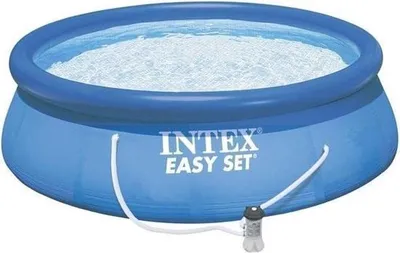 An inflatable blue Intex Easy Set pool filled with water and connected to a filter pump.
