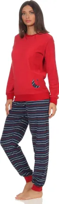 Produktbild von Damen Frottee Pyjama mit Bündchen - Hose gestreift, Top mit Mond und Stern Applikation ; rot , 44