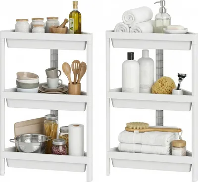 Produktbild von COSTWAY 3-stöckiger Eckregal 2er Set, freistehendes Badregal mit abnehmbarem Design & Ablauflöchern, Aufbewahrungsorganizer für kleine Räume, Küche