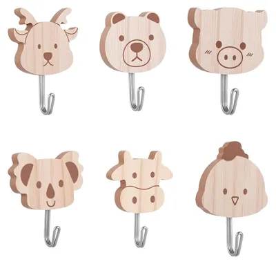 6 Haken aus Buchenholz, Tiermotive, selbstklebend, für Kinderzimmer