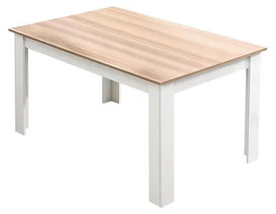 Image de Table à manger pour 4 à 6 personnes, blanche et en chêne, dimensions 138x90x75 cm, en bois de pin