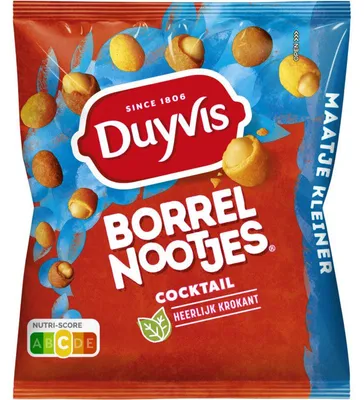 Produktbild von Duyvis Borrelnootjes Cocktail, Snack mixes, Erdnuss, 125 g, Gluten, Milch, Nüsse, Erdnüsse, 2405 kJ, 578 kcal