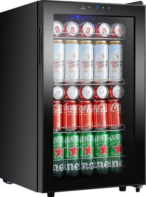 A black beverage cooler filled with cans of drinks.