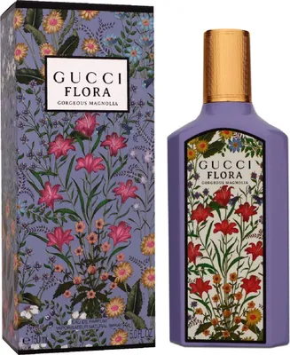 A perfume bottle and its box, both decorated with floral patterns.