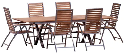 Produktbild von ALEOS. Gartengarnitur Edelstahl Teak Set: Ausziehtisch 200-260x100 cm + 6 Teak-Edelstahl Hochlehner, Sitzgruppe A-Grade Teak Holz - Serie NASSAU - Gartenmöbel Set 6 Personen Gastronomie Qualität