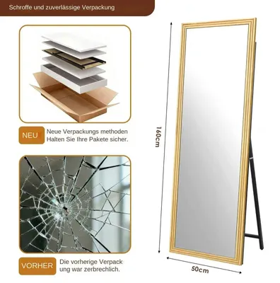 Zdjęcie produktu dla Lustro panoramiczne – stojące – 160 x 50 cm – wykonane z litego drewna – lustro HD bez zniekształceń – regulowana podstawa – wolnostojące
